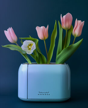 Light blue toaster transformed into a vase for pink and white tulips. Perfect for surreal product advertising, kitchen branding, and floral editorials.