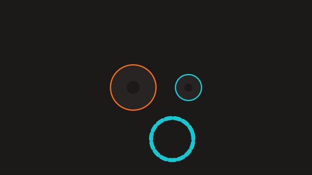Minimalist abstract loading animation with pulsing orange and cyan circles on dark 4k background
