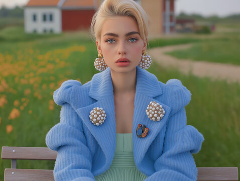 Woman in an oversized powder blue blazer seated against a rural landscape. Ideal for fashion campaigns, tailoring editorials, and modern professional branding.