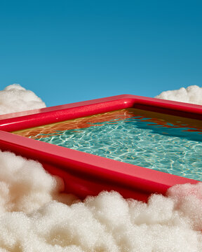 Red infinity pool filled with turquoise water floating among clouds. Perfect for luxury travel advertising, resort campaigns, and surreal architecture editorials.
