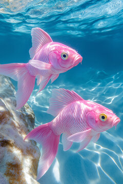 Two pastel pink koi swimming beside a submerged rock. Ideal for aquatic campaigns, wellness branding, and serene animal editorials.