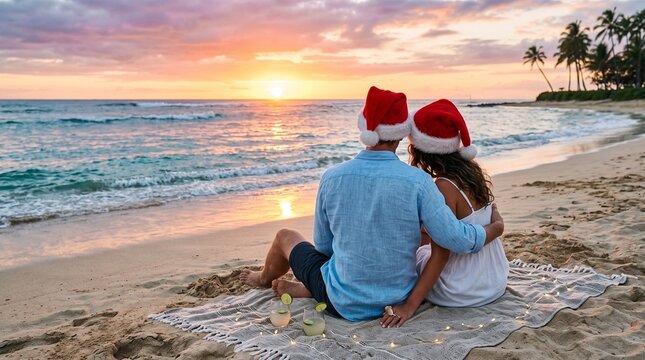 Couple Wearing Santa Hats Enjoying Tropical Beach Sunset Christmas Vacation