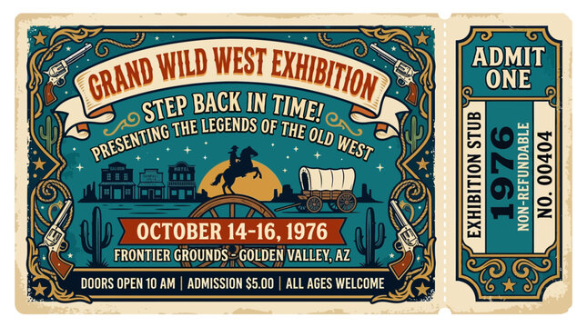Vintage Wild West Exhibition Ticket, 1976 Old West Event Admission