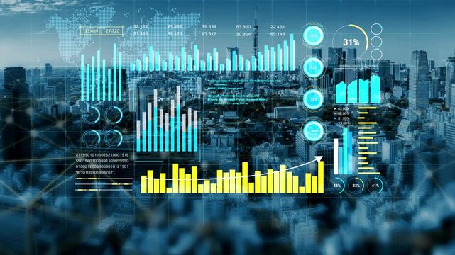 High-Tech Data Visualization Over City Skyline with Charts, Graphs, and Digital Elements for Business Analytics and Market Research Purposes. Entropy.