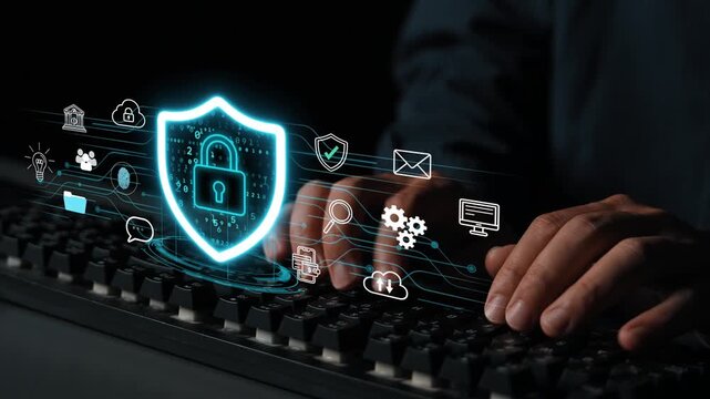 Hands Typing on Keyboard with Digital Shield and Security Icons Representing Cybersecurity and Data Protection Concepts. Entropy.