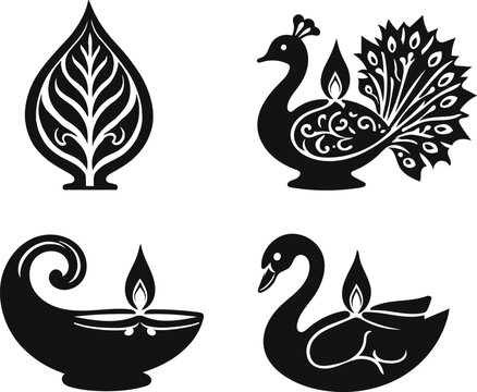 A collection of black silhouette icons featuring traditional indian motifs for the celebration of the hindu festival diwali