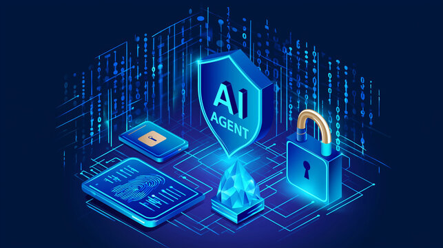 AI Security Agent: An isometric illustration depicting an AI security agent protecting data with a shield, fingerprint scanner, and a locked padlock, set against a backdrop of binary code.