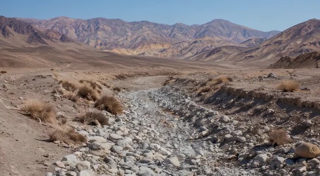 Dry rocky desert wash winding through an arid valley with scrub and distant rugged mountains under a clear blue sky