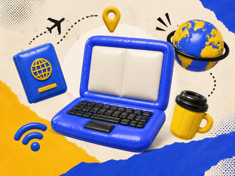 Digital nomad life and working from anywhere shown through an inflatable laptop passport and globe