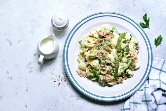 Pasta orecchiete with tuna and asparagus in a cream sause. Top view with copy space.
