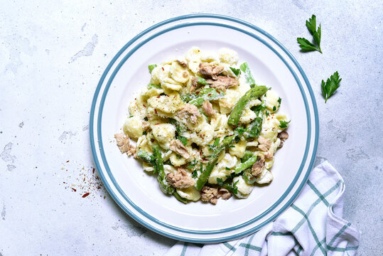 Pasta orecchiete with tuna and asparagus in a cream sause. Top view with copy space.