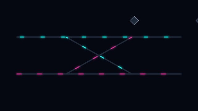 Neon digital data flow abstract animation 4k background, with intersecting glowing, lines and pulsing particles