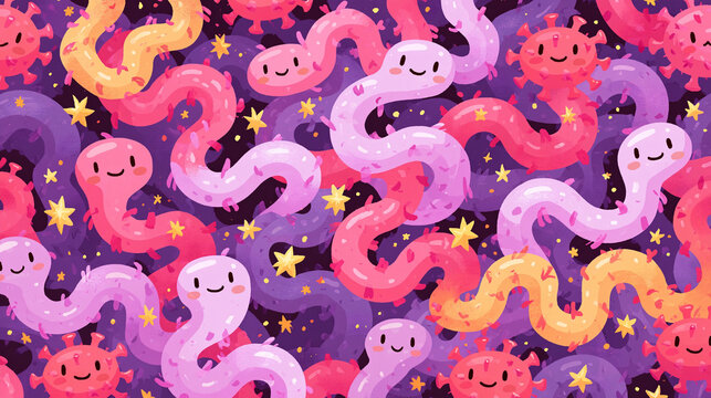Playful abstract pattern with colorful worms and stars on a vibrant dark background.