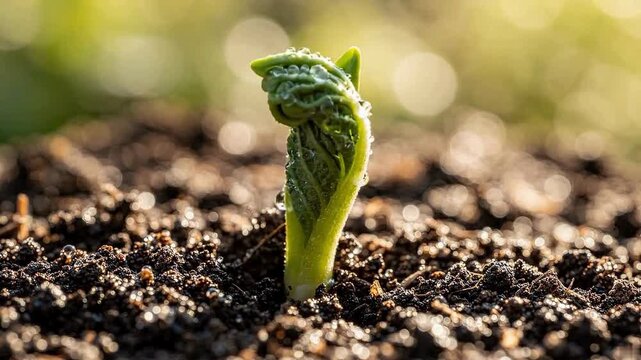 A small green seedling sprouting from dark fertile soil in the warm morning sunlight