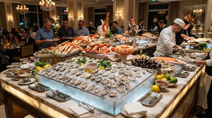 Obraz premium Elegant seafood buffet featuring freshly chilled oysters and a variety of gourmet delicacies
