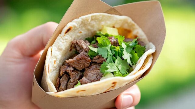 Hand holding a beef taco in paper wrapper