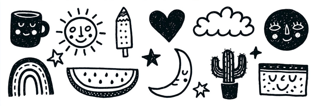 Colorful playful doodles featuring sun, moon, rainbow, and cactus in a fun design.