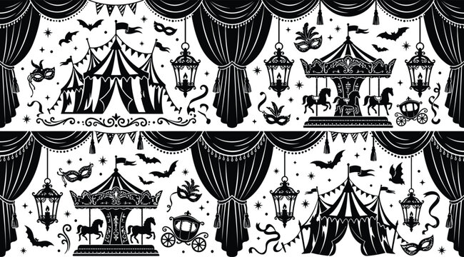 Vintage carnival circus seamless pattern with tents carousels hanging curtains silhouette carnival tent carousel ride curtain