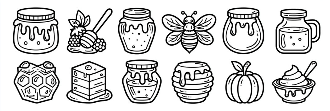 Illustrations of honey jars, bee, and desserts in a playful doodle style.