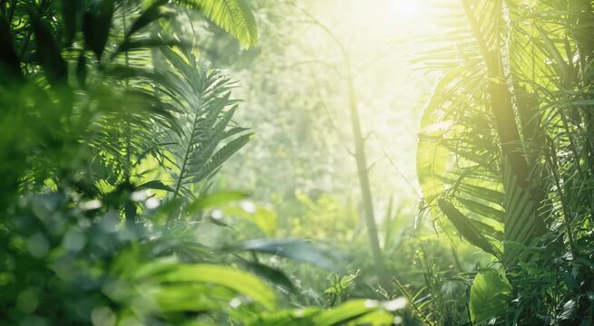 Sunlit tropical foliage with lush green leaves and a soft bokeh nature background