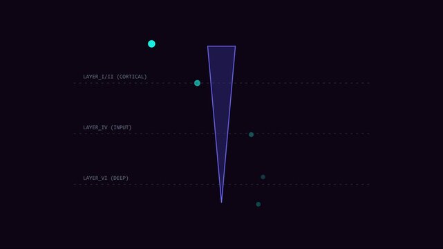 Neural network layer processing visualization: cortical input and deep learning data flow animation 4k