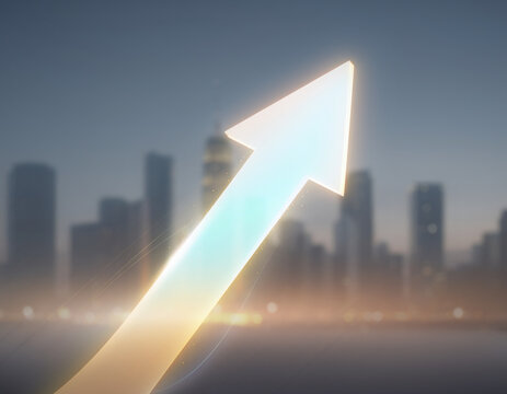 An abstract arrow of light over a blurred cityscape, representing business transformation and strategic change.