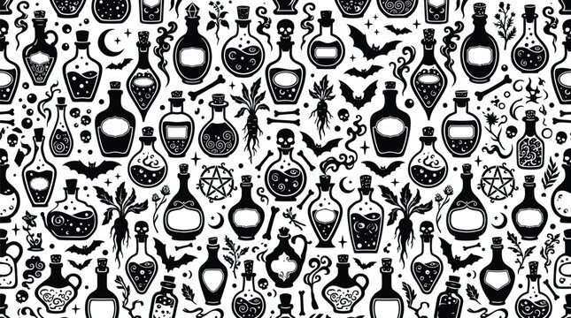Magic potion bottles seamless pattern with witchcraft elements and pentagrams on white background magic elixir alchemy bottles witch shop