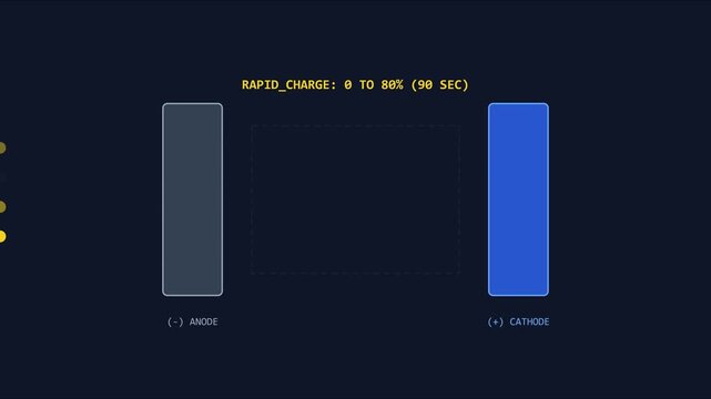Rapid charge 0 to 80 percent battery technology infographic animation with anode and cathode diagram 4k