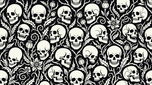 Macabre seamless pattern with human skulls and botanical foliage in high contrast black and white skull background gothic design skeleton