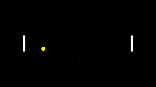 Retro arcade ping pong game animation with yellow ball and 4k white paddles on black background