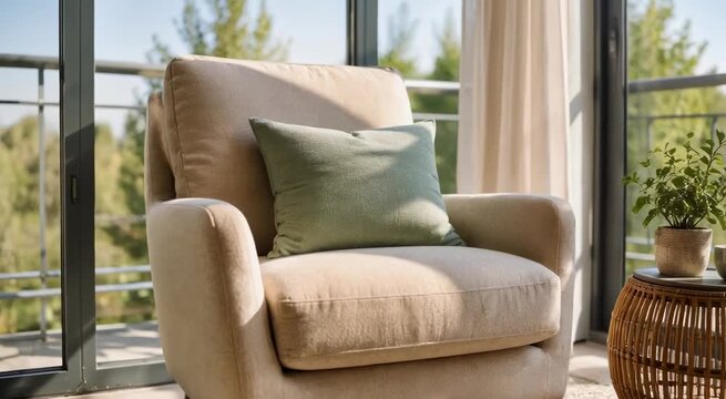 Sunlit cozy beige armchair with green pillow beside a rattan side table and potted plants by floor-to-ceiling windows overlooking a balcony