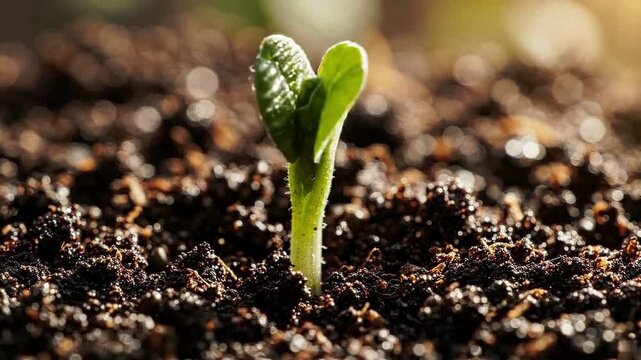 Macro shot of a pumpkin seed sprouting and growing roots in rich dark fertile soil