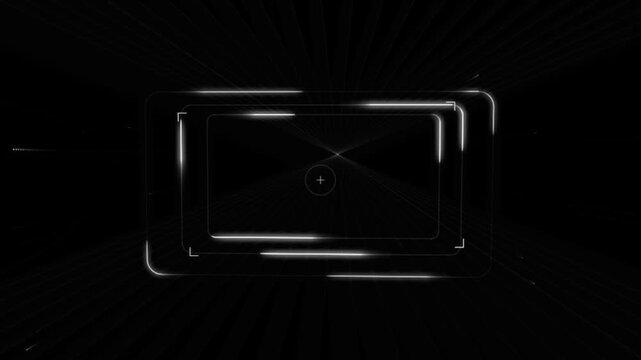 Abstract digital hud interface with glowing rectangular frames and light streaks on a dark background, futuristic technology concept for motion graphics and video editing