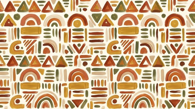 Abstract bohemian pattern featuring hand painted earthy colored geometric triangles rainbows and brush strokes arranged in a seamless repeating design for artistic wallpaper or textile backgrounds