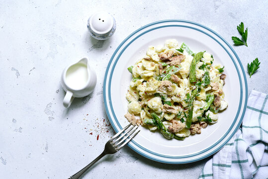 Pasta orecchiete with tuna and asparagus in a cream sause. Top view with copy space.