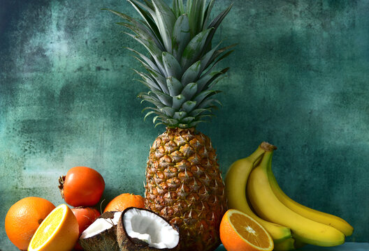 Different types of exotic fruits : pineapple, coconut, banana, orange, persimmon and pomegranate.