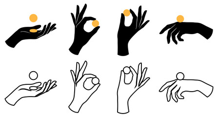 Obraz premium Set of mystical hand gestures with glowing golden spheres in black silhouette and white line art styles