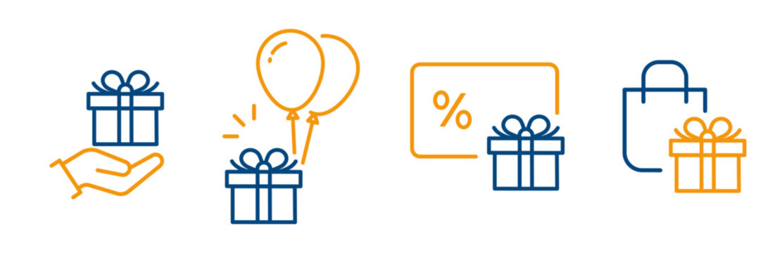 gift box icon set, linear icons of gifts shop, surprise, hand give gift, objects for infographics, website or mobile app