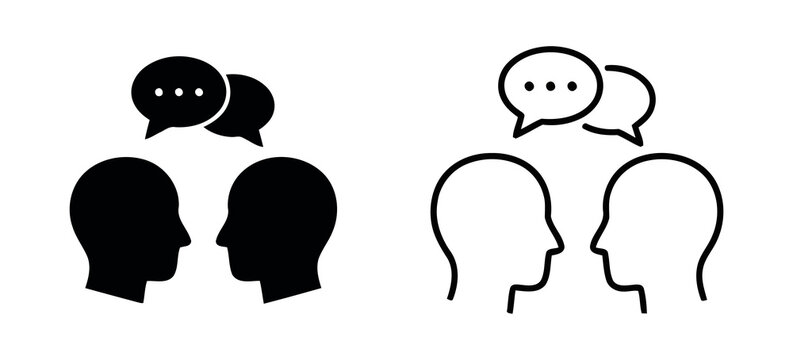 Two human heads facing each other with speech bubbles representing communication conversation dialogue and exchange of ideas and information
