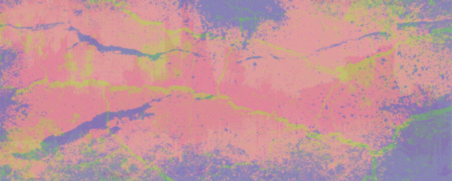 Crumpled pink purple halftone paper texture with distressed dot grain, riso effect overlay print, 90s style filter. Abstract printmaking background for posters and collage. Vector illustration