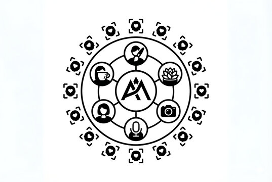 Circular arrangement featuring icons representing social media influence and content creation in black influencer.