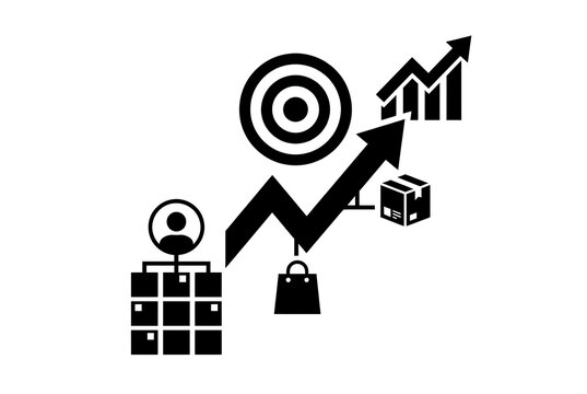 Target graphic with rising arrow shopping bag and stacked blocks with profile silhouette growth.