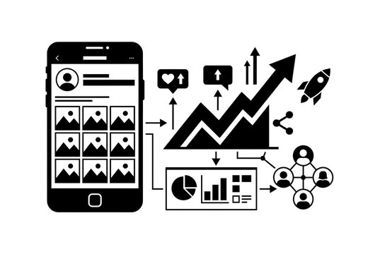 Social media marketing concept with smartphone charts and network connections black silhouette mobile device