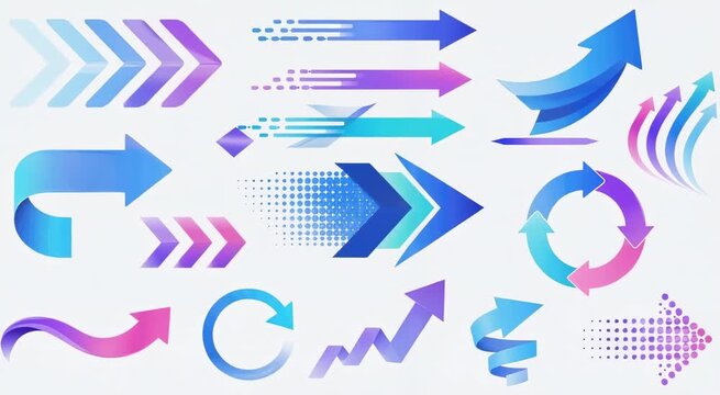 Colorful set of gradient arrow icons in blue, purple and teal showing direction, motion, loops, chevrons and progress for modern design and infographics