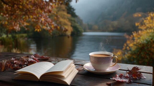 Open book and steaming coffee cup on wooden table by autumn lakeside with colorful foliage and soft morning light, with book, coffee, table, lake detail, showing autumn, leave, cup, open context
