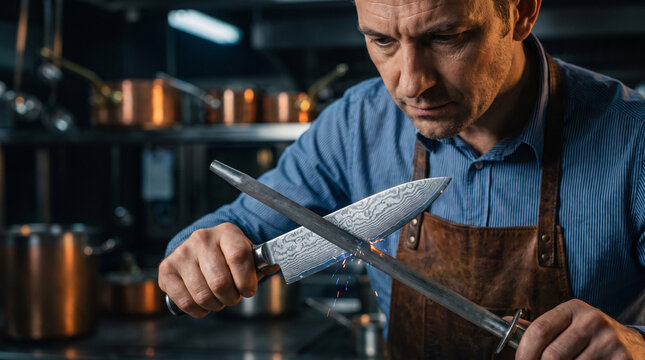 A focused French chef sharply hones a premium Damascus steel knife in a dark, atmospheric elite restaurant kitchen. Metallic reflections shine in the shadows.