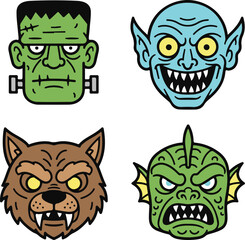 Obraz premium Classic Halloween Monster Head Icons Featuring Frankenstein, Vampire, Werewolf and Swamp Creature in Bold Retro Cartoon Style Vector Illustration 