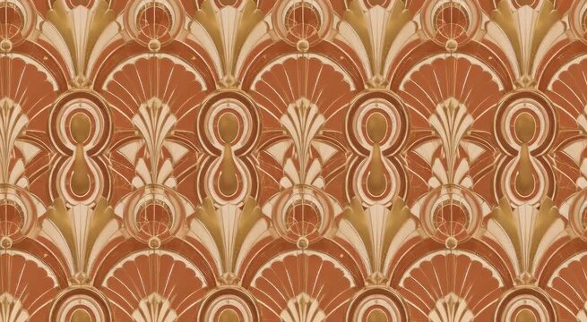 Art Deco repeating fan and shell pattern in terracotta and gold tones, ornate geometric scallops evoking vintage wallpaper and luxury decorative design
