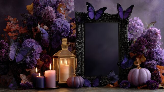Ornate gothic frame surrounded by moths candles lantern pumpkins and autumn foliage in moody Halloween still life, with gothic, frame, moth, candle detail, showing lantern, pumpkin, foliage, autumn