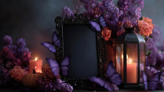 Ornate gothic frame surrounded by moths candles lantern pumpkins and autumn foliage in moody Halloween still life, with gothic, frame, moth, candle detail, showing lantern, pumpkin, foliage, autumn